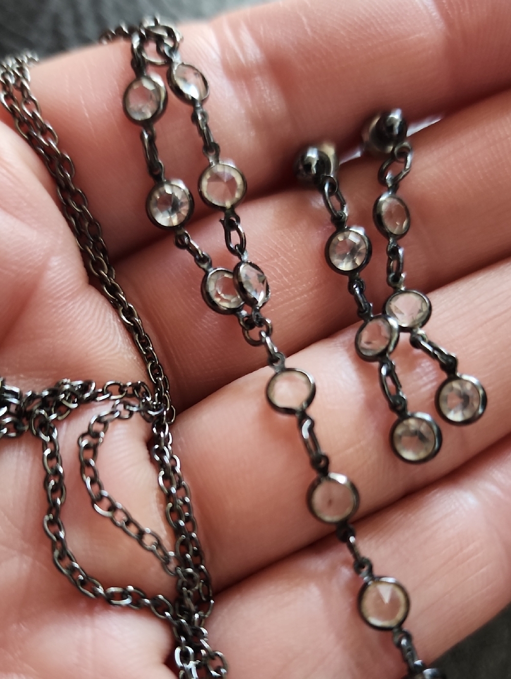 Black Gunmetal Crystal Drop Necklace and Earrings Set
